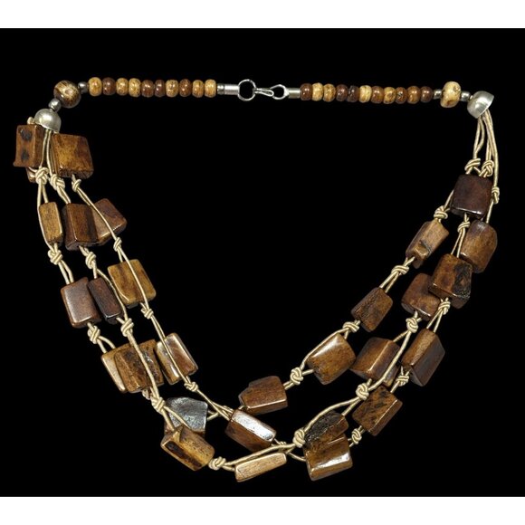 Vintage Rustic Brown Ox Bone Beaded Necklace - Picture 1 of 6